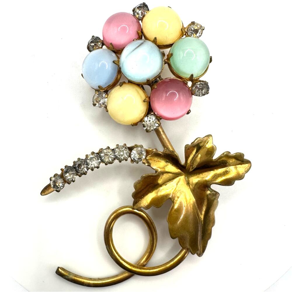 Vintage gold tone multicolor uranium satin glass cabochons rhinestones brooch